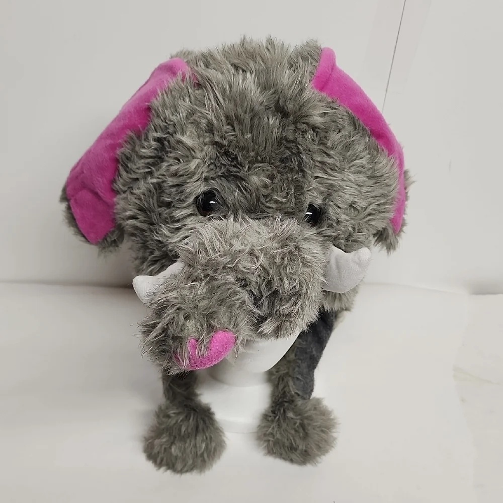 Plush Elephant Hat with Pink Ears, White Tusks, And Adorable Trunk.